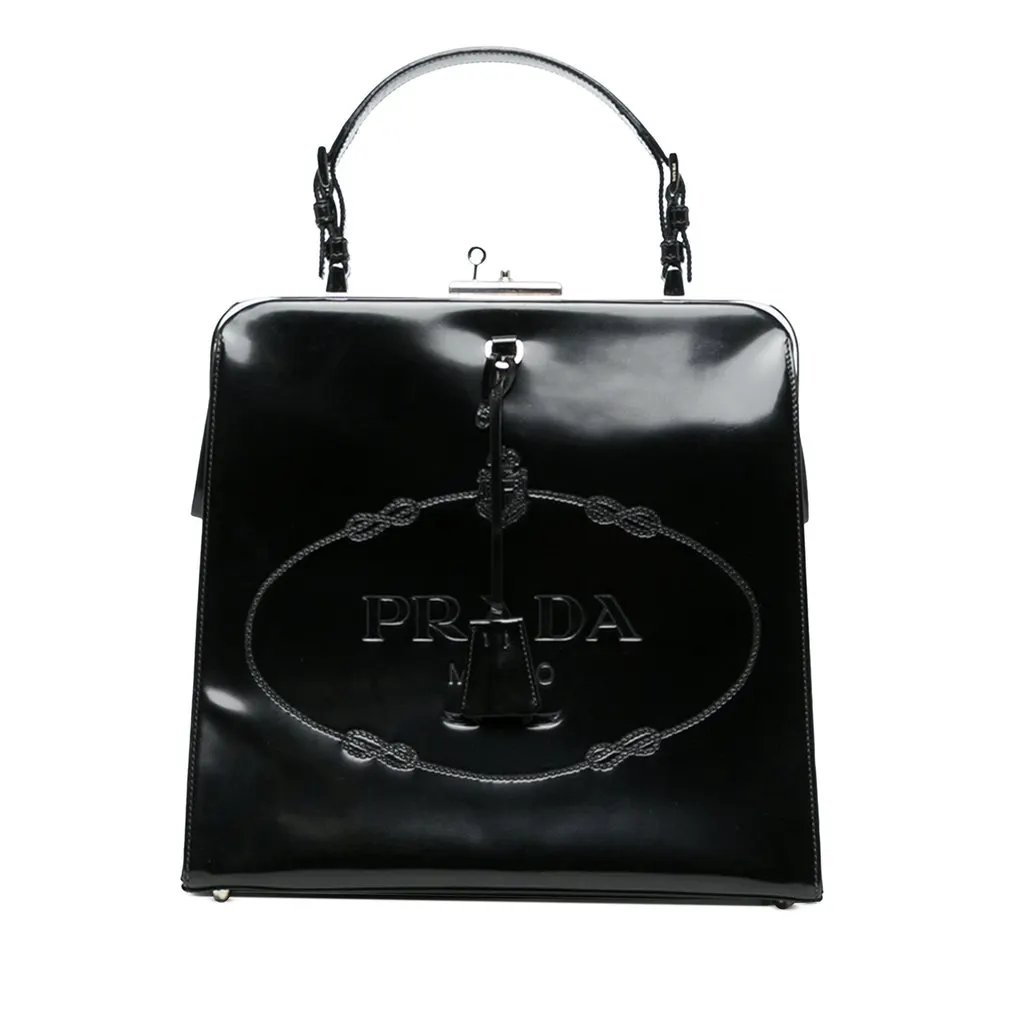 Prada Spazzolato Logo Frame Handbag Black Leather Very good - Front View