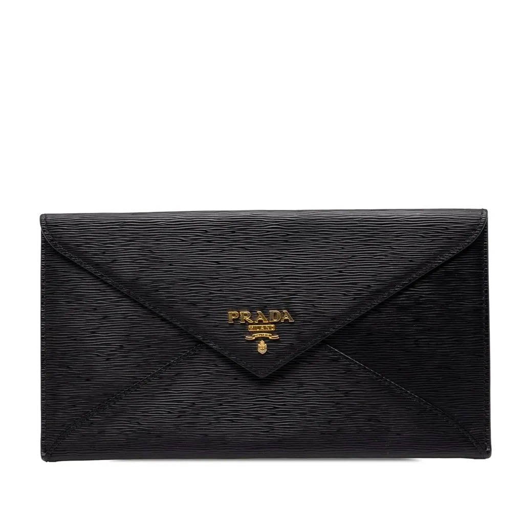 Prada Vitello Move Envelope Clutch Black Leather Very good - Front View