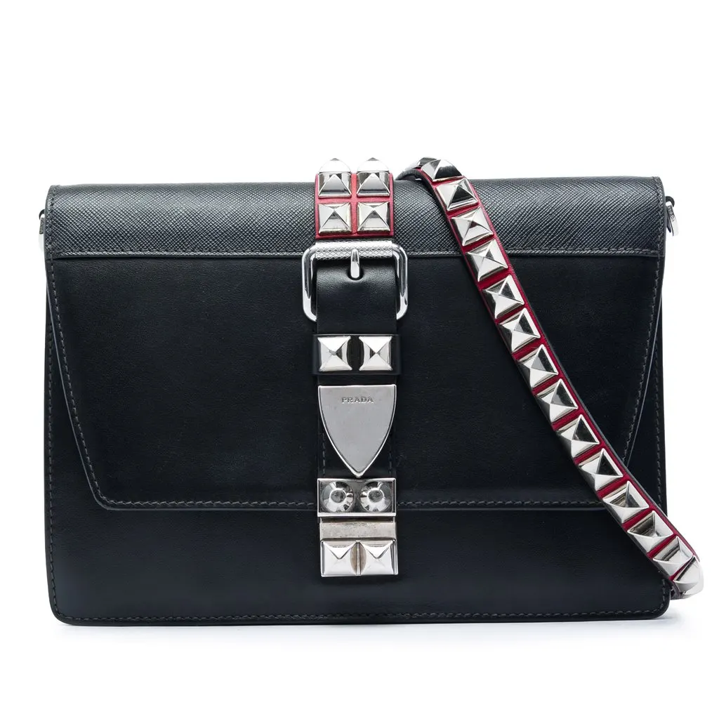Prada City Calf and Saffiano Studded Elektra Crossbody Black Leather Good - Front View