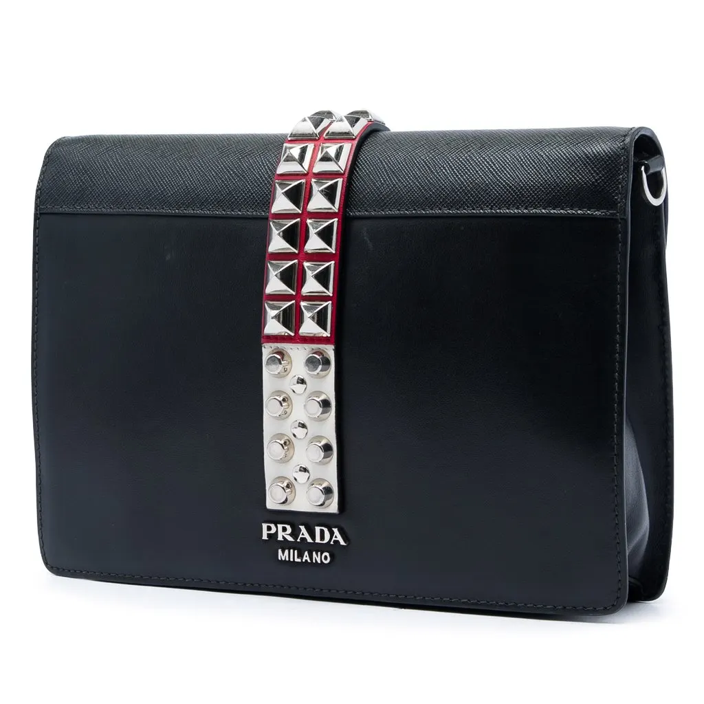 Prada City Calf and Saffiano Studded Elektra Crossbody Black Leather Good - Back View
