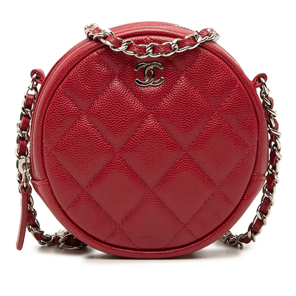 Chanel Quilted Caviar Round Clutch With Chain Red Leather Very good - Front View