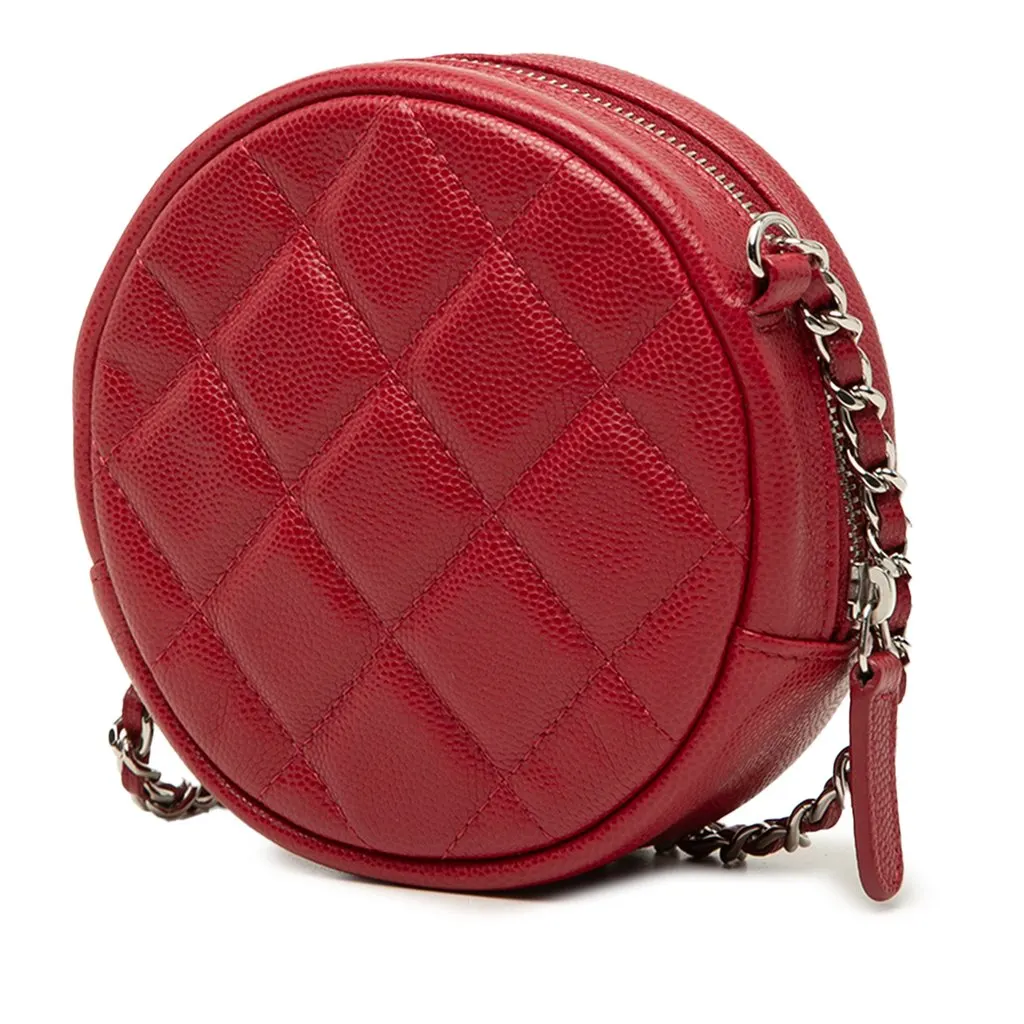 Chanel Quilted Caviar Round Clutch With Chain Red Leather Very good - Back View