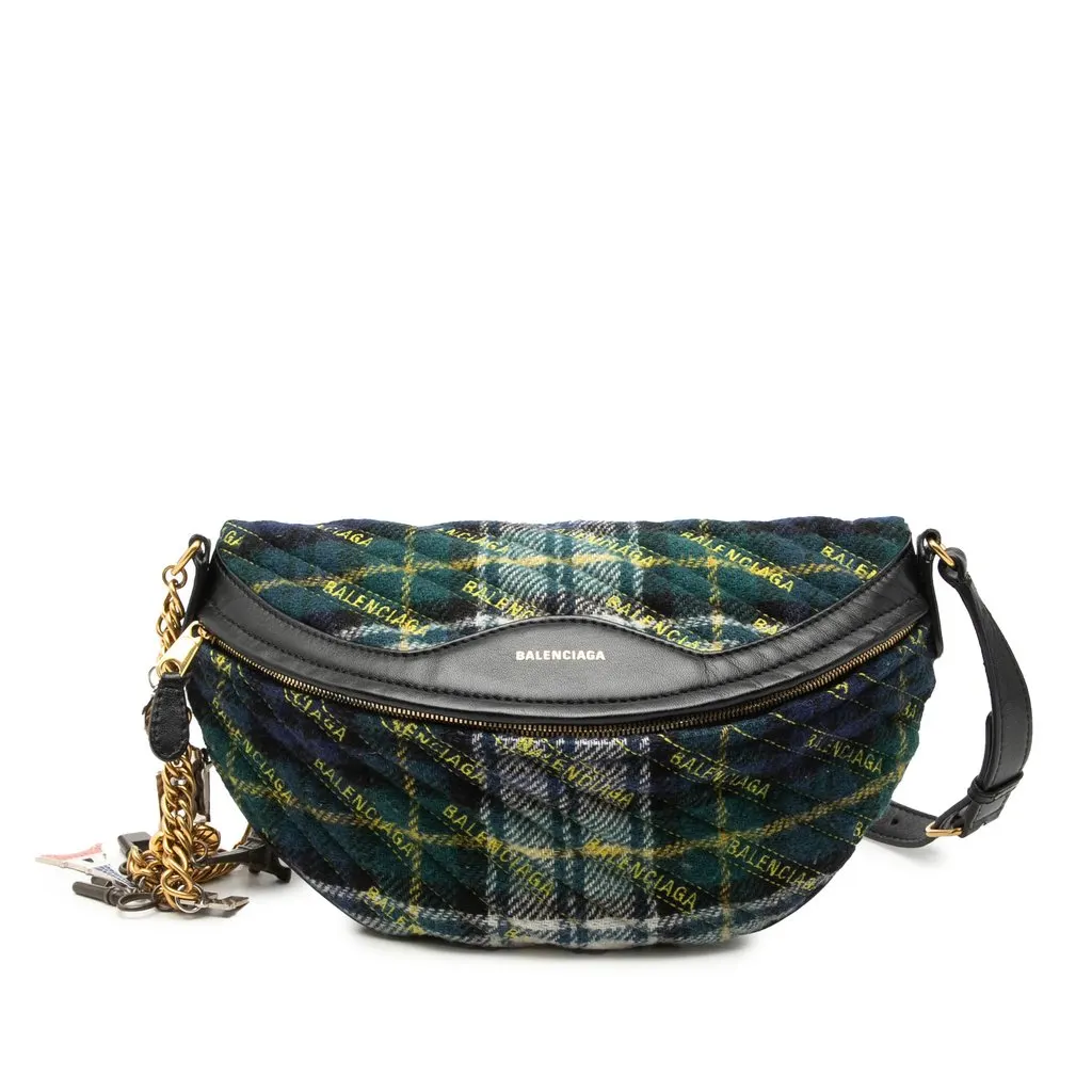Balenciaga Diagonal Quilted Wool Allover Logo Souvenir Belt Bag XS Green Wool Very good - Front View