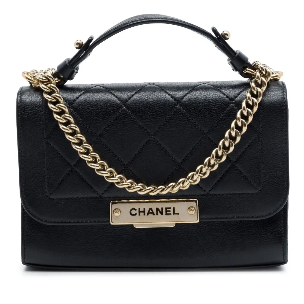 Chanel Small Quilted Grained Calfskin Label Click Flap Black Leather Very good - Front View