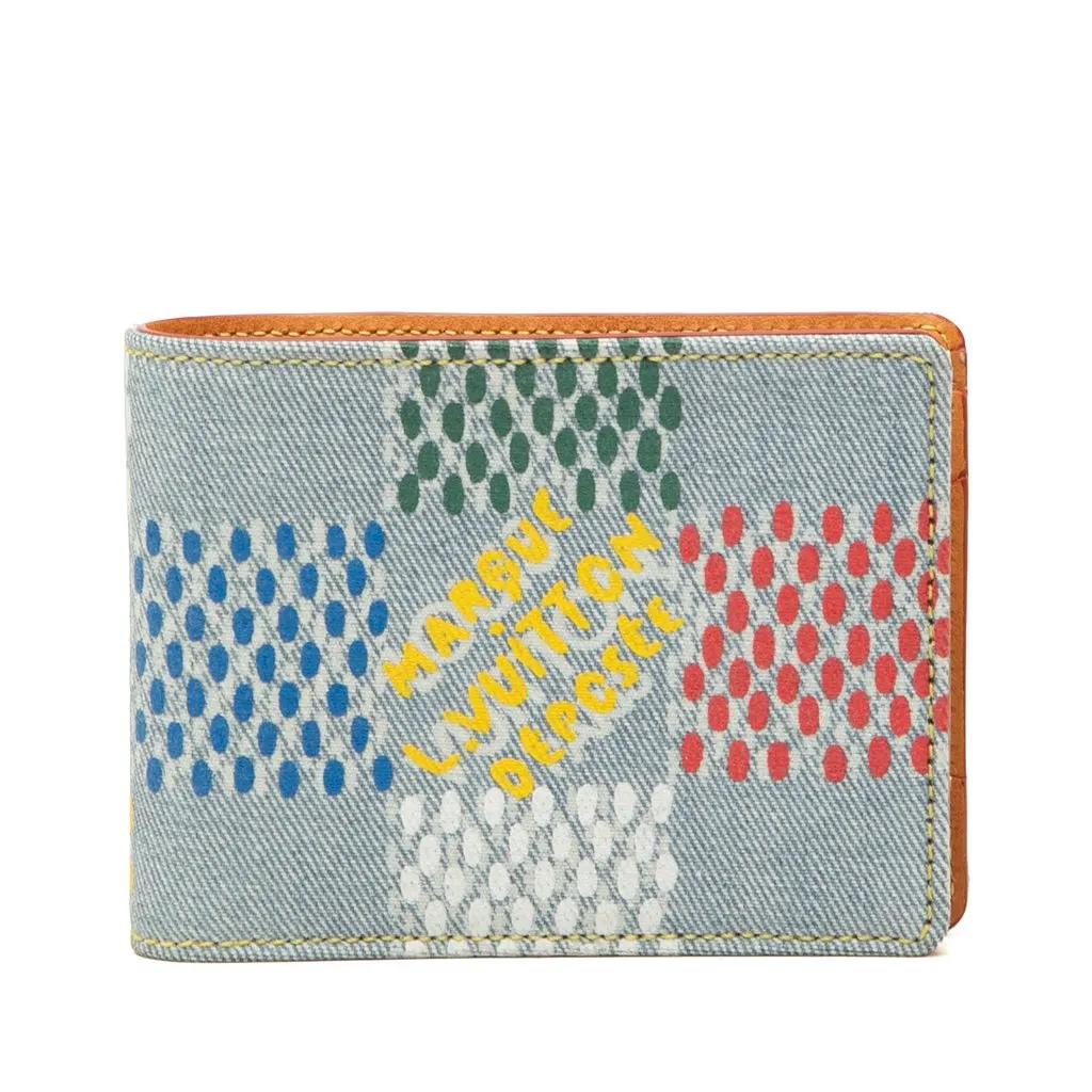 Louis Vuitton LV Birds Damier Denim Portefeuille Multiple Bifold Wallet Blue Denim Very good - Front View