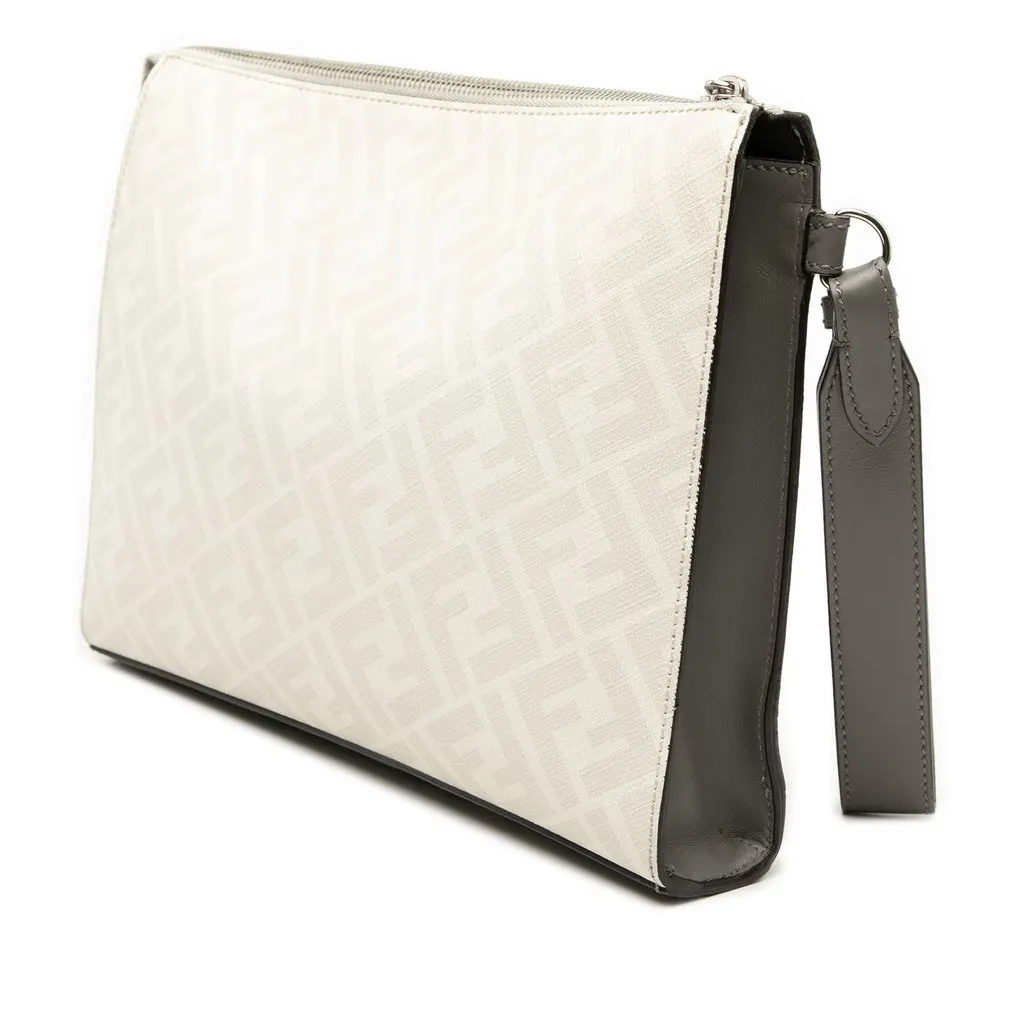 Fendi Zucca Coated Canvas FF 1974 Diagonal Vitello Liberty Front Zip Clutch White Very good - Back View