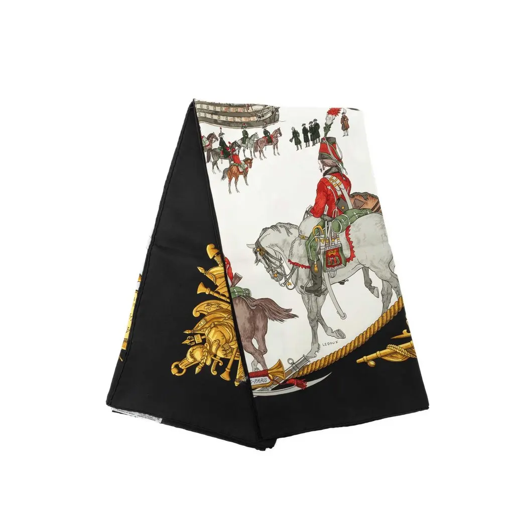 Hermès Marine et Cavalerie Silk Scarf 90 Black Silk Very good - Front View