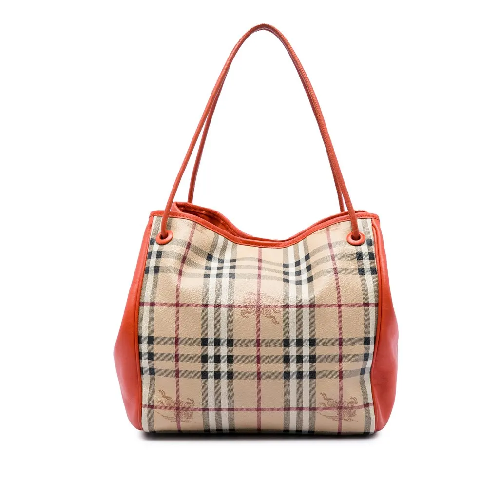 Burberry Small Haymarket Check Coated Canvas and Calfskin Canterbury Tote Beige Very good - Front View