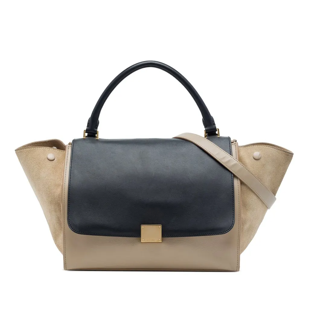 Celine Medium Bicolor Calfskin and Suede Trapeze Satchel Beige Leather Good - Front View