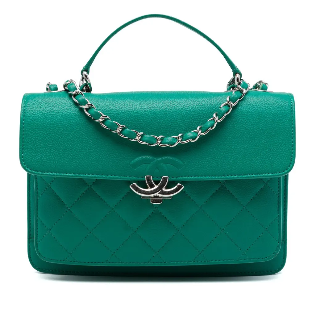 Chanel Small Quilted Caviar CC Box Flap Green Leather Very good - Front View
