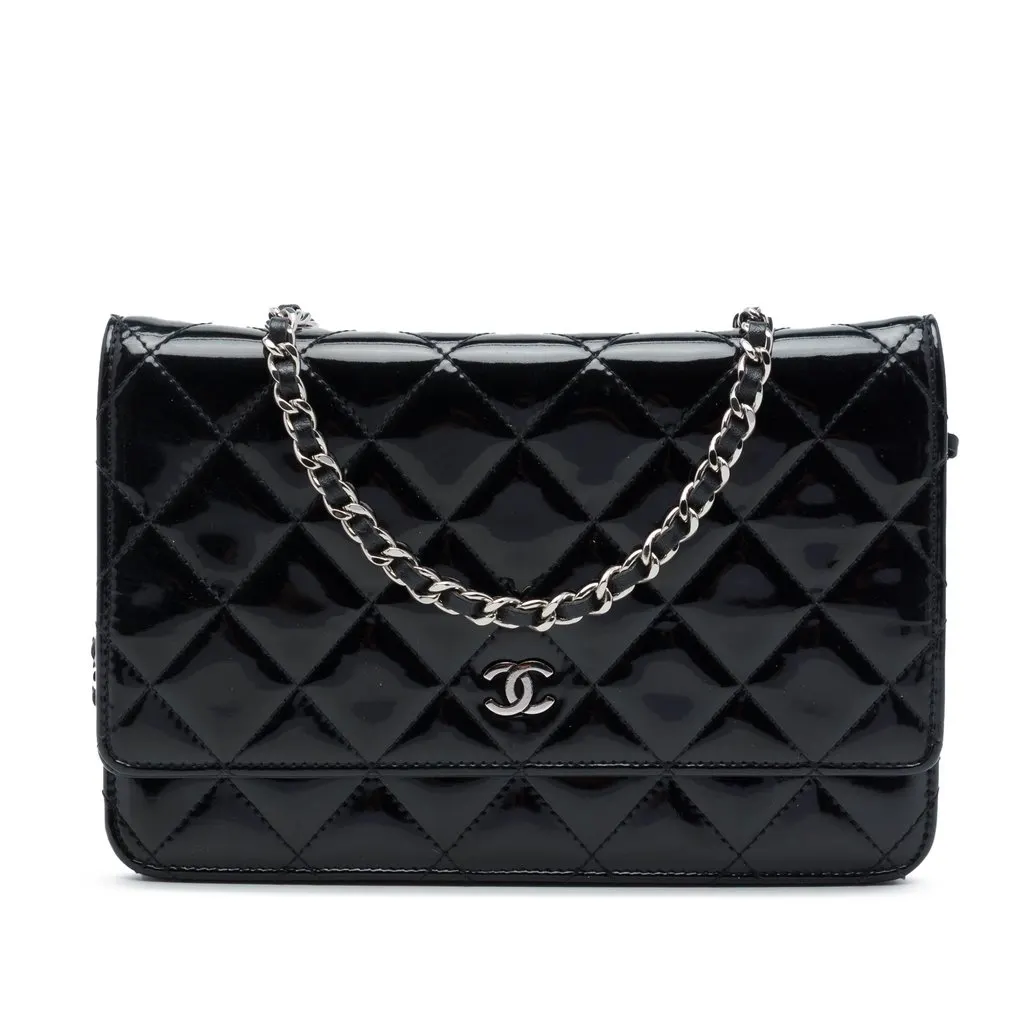 Chanel CC Quilted Patent Wallet On Chain Black Leather Very good - Front View