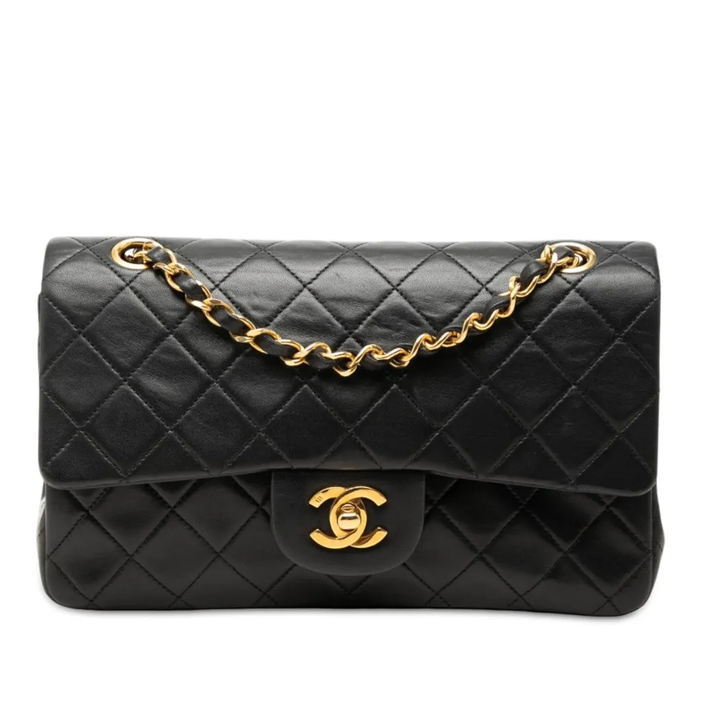 Chanel Small Classic Lambskin Double Flap Black Leather Good - Front View