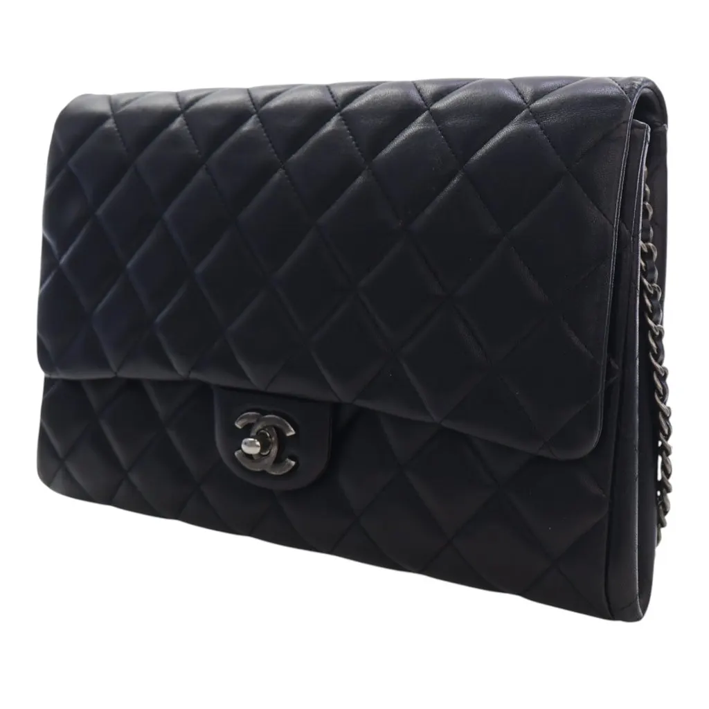 Chanel CC Quilted Lambskin Flap Clutch with Chain Black Leather Very good - Inside View