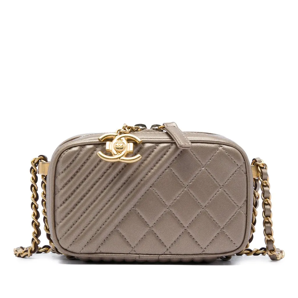 Chanel Mini Quilted Lambskin Coco Boy Camera Bag Gold Leather Very good - Front View
