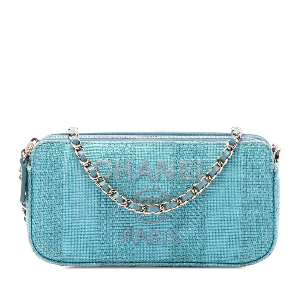 Chanel Raffia Deauville Double Zip Clutch with Chain Blue Very good - Front View