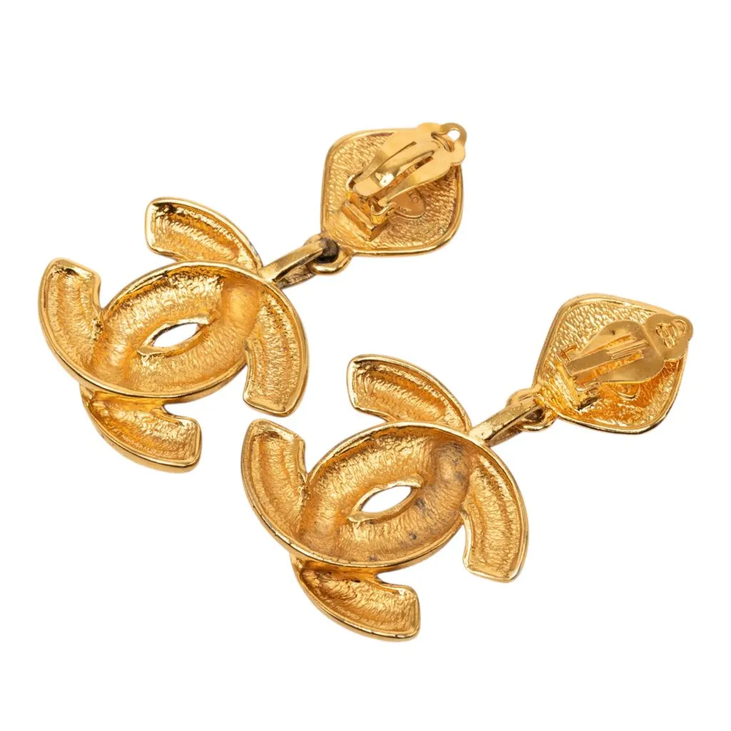 Chanel CC Gold Plated Quilted Drop Clip On Earrings Gold Metal Very good - Back View