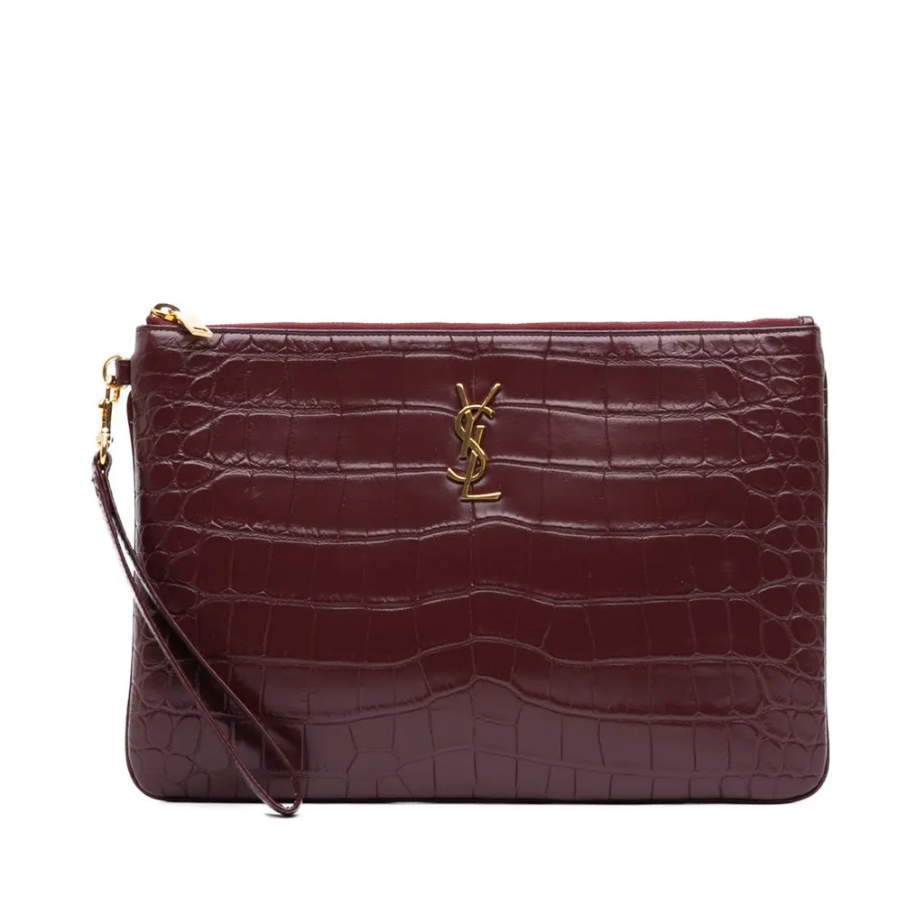 Saint Laurent Croc Embossed Calfskin Monogram Tablet Pouch Red Leather Very good - Front View