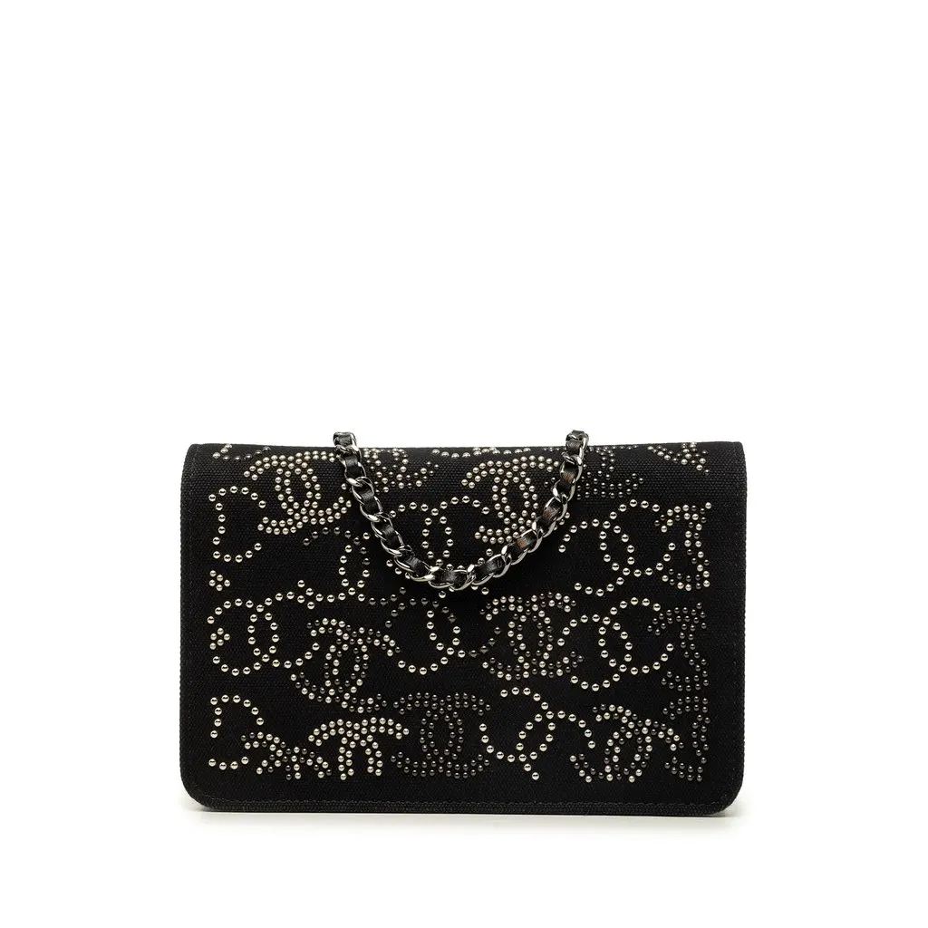 Chanel Paris Shanghai Crystal Embellished Canvas Wallet On Chain Black Canvas Very good - Front View