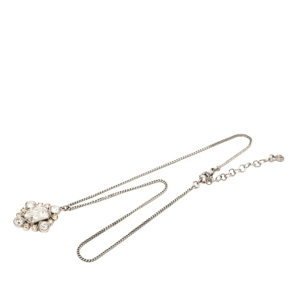 Chanel CC Brass Strass Pendant Necklace Silver Metal Very good - Front View