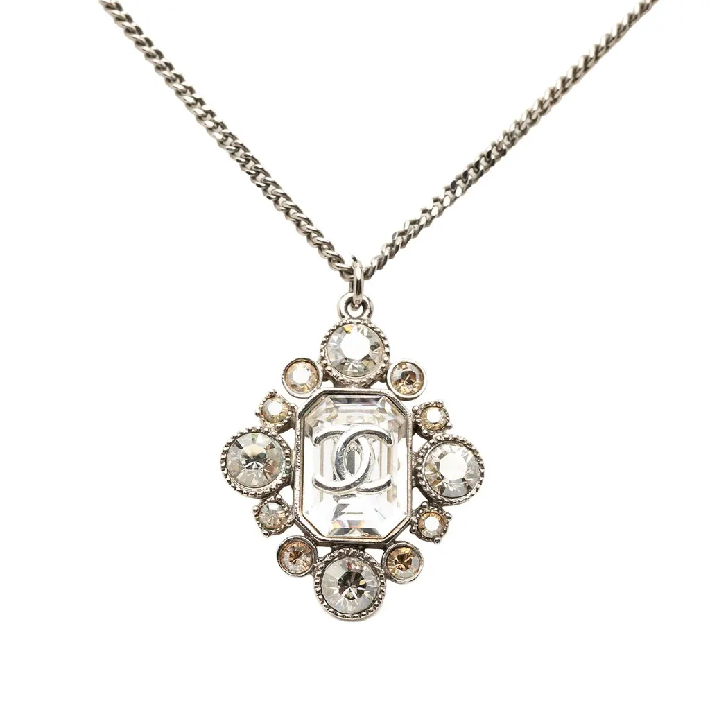 Chanel CC Brass Strass Pendant Necklace Silver Metal Very good - Back View