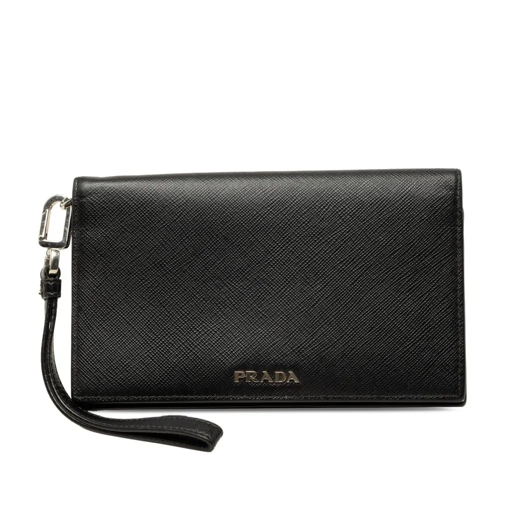 Prada Saffiano Wristlet Long Wallet Black Leather Very good - Front View