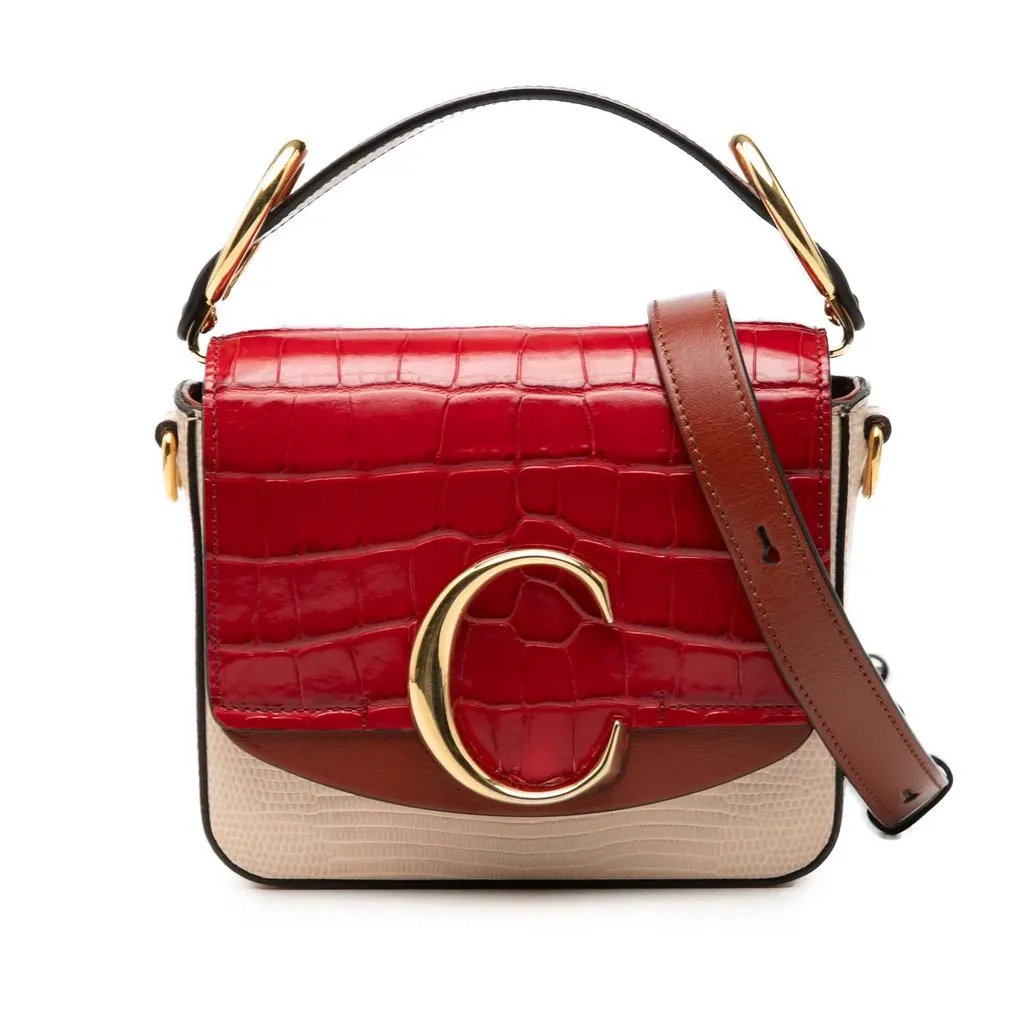 Chloé Mini Bicolor Croc Embossed Calfskin C Satchel Red Leather Very good - Front View