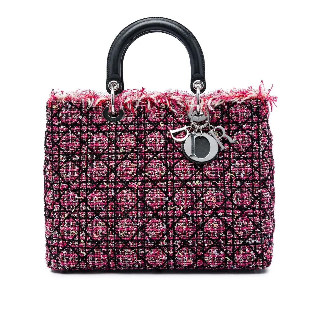 Dior Large Tweed Cannage Fringe Lady Dior Pink Tweed Very good - Front View