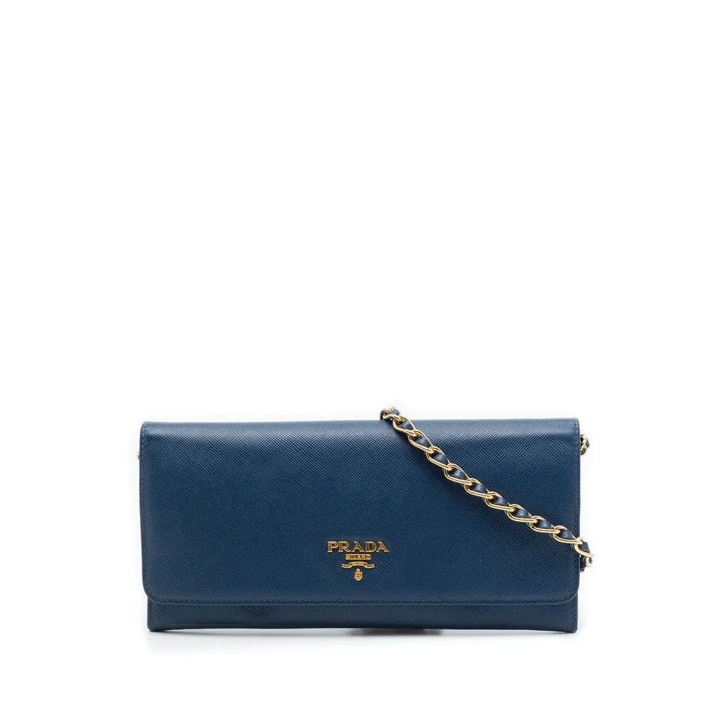Prada Saffiano Wallet On Chain Blue Leather Very good - Front View