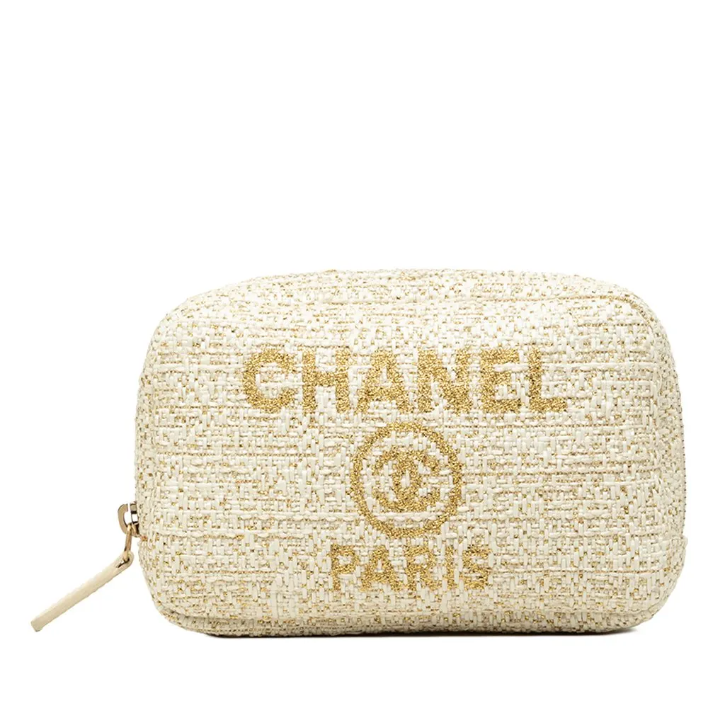 Chanel Tweed Deauville Cosmetic Pouch Beige Tweed Good - Front View