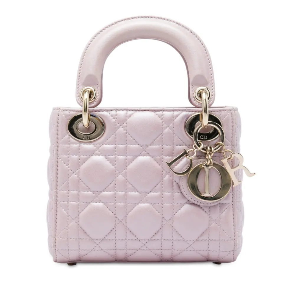 Dior Mini Iridescent Lambskin Cannage Lady Dior Pink Leather Very good - Front View