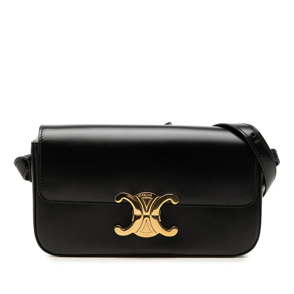 Celine Shiny Calfskin Triomphe Claude Shoulder Bag Black Leather Good - Front View