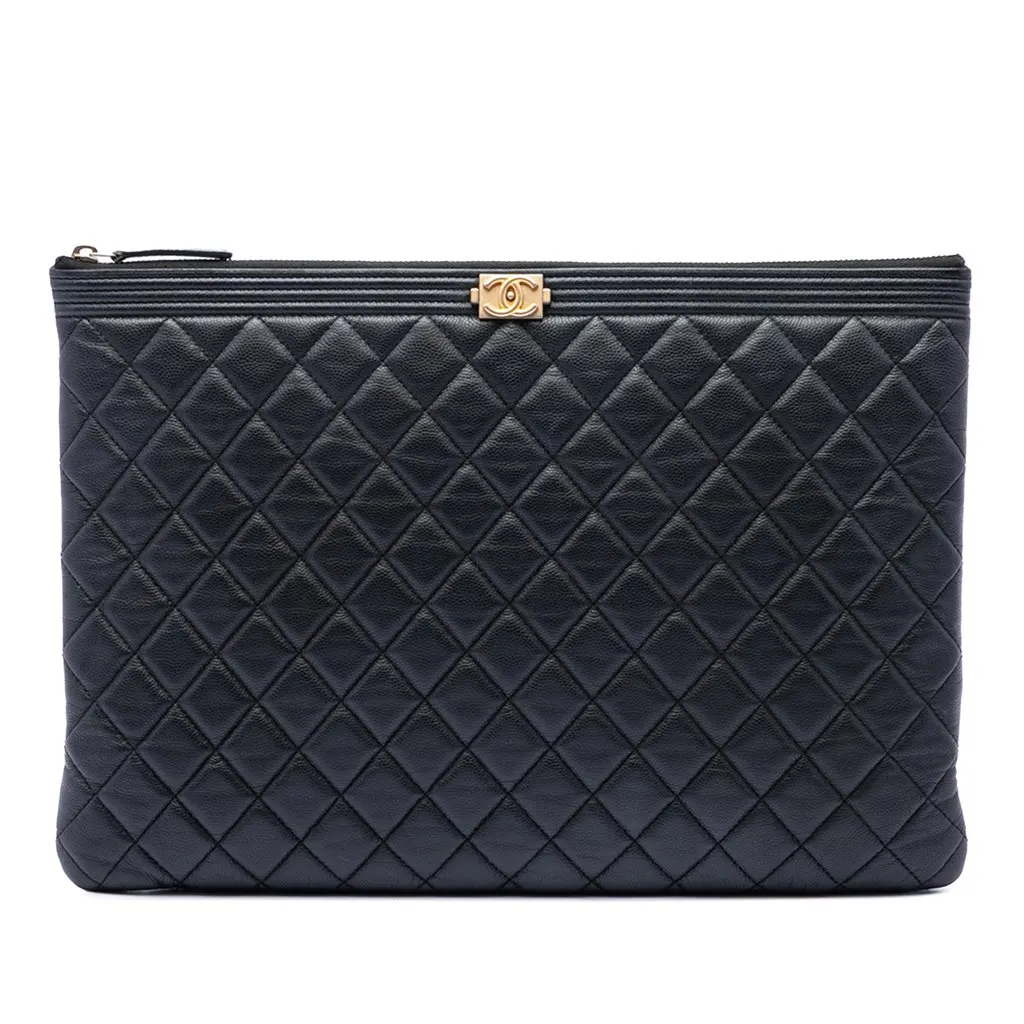 Chanel Large Quilted Caviar Boy O Case Clutch Black Leather Very good - Front View