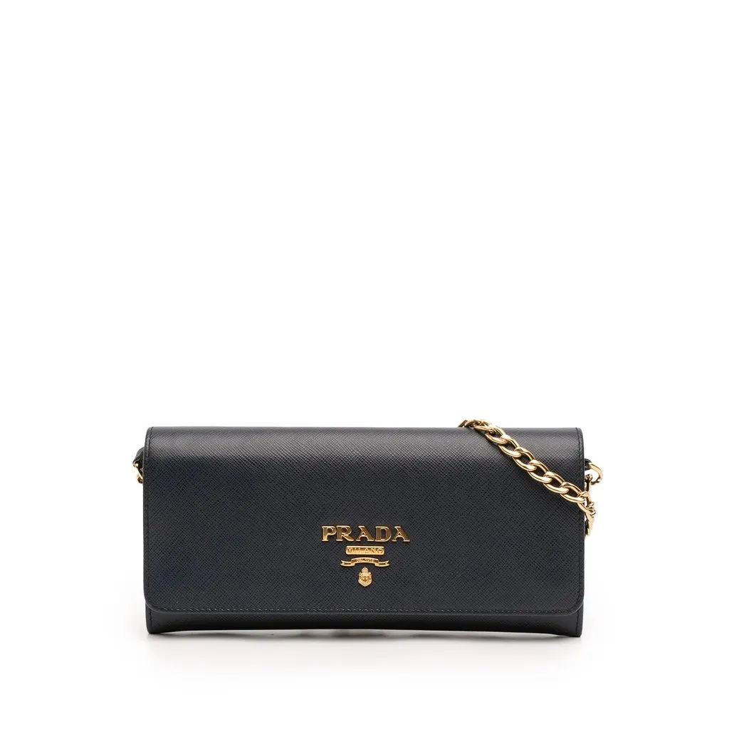 Prada Saffiano Lux Wallet On Chain Blue Leather Very good - Front View