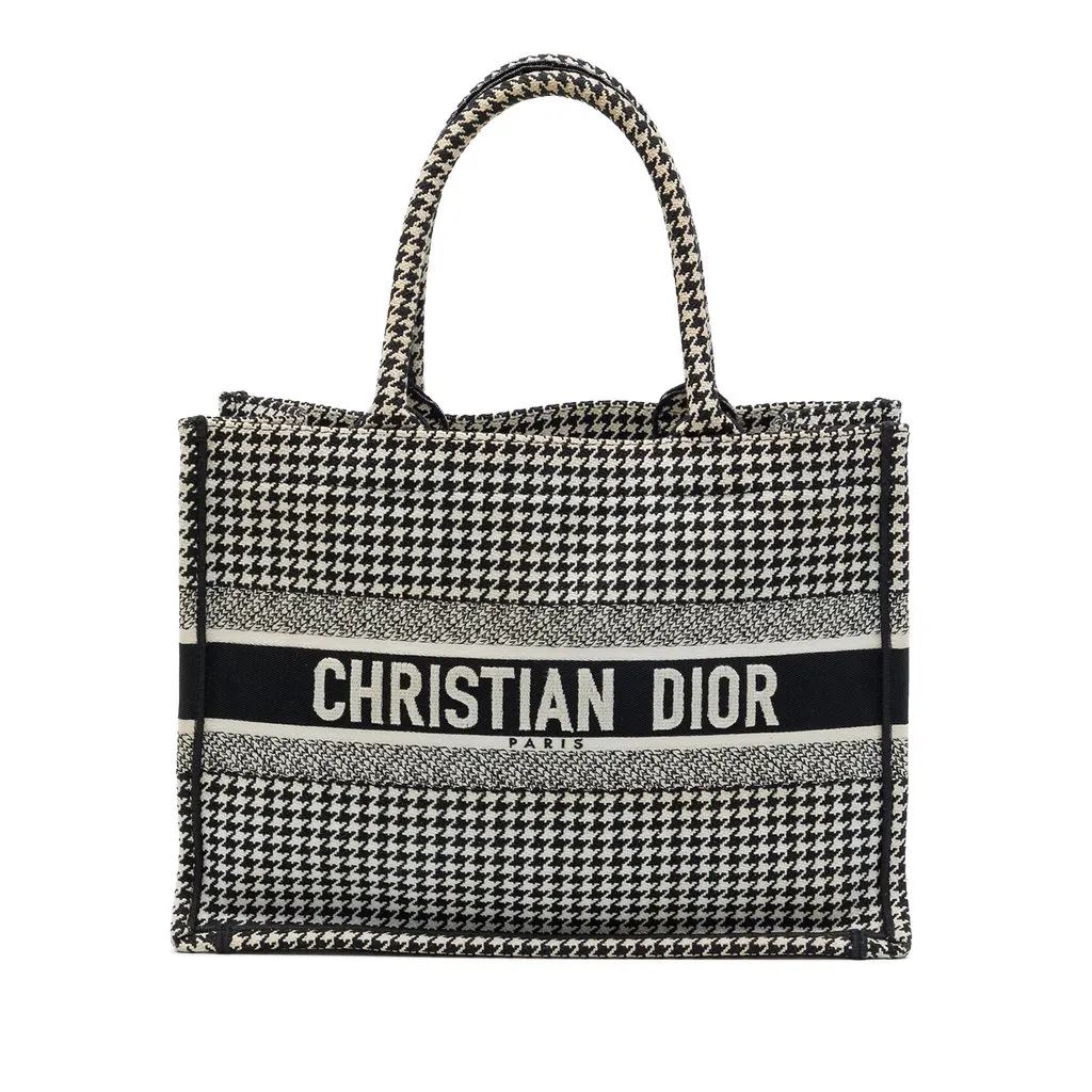 Dior متوسطة مطرّزة قماش Houndstooth بوك حقيبة توت