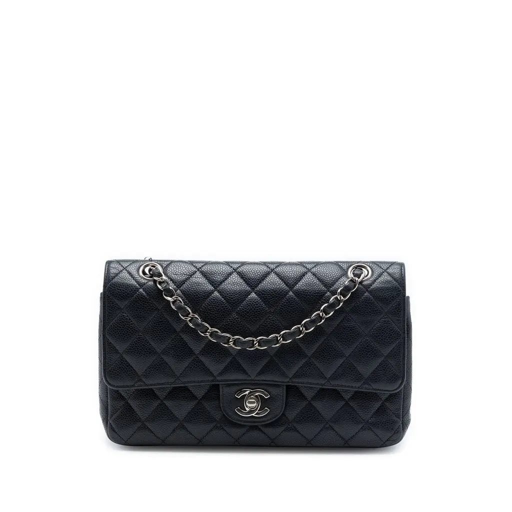 Chanel Medium Classic Caviar Double Flap Black Leather Good - Front View