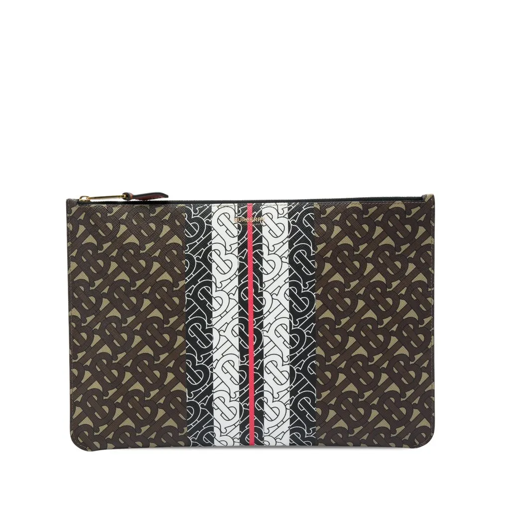 Burberry TB Monogram E Canvas Stripe Clutch Brown Canvas Very good - Front View