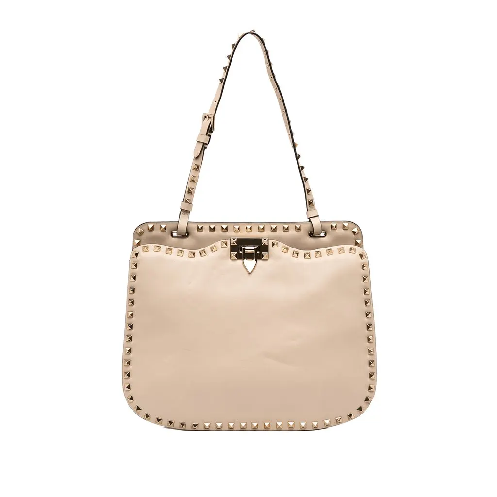 Valentino Leather Rockstud Shoulder Bag Beige Leather Very good - Front View