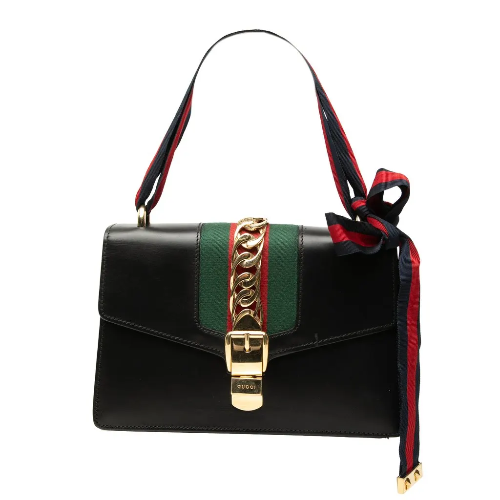 Gucci Small Calfskin Web Sylvie Satchel Black Leather Very good - Front View