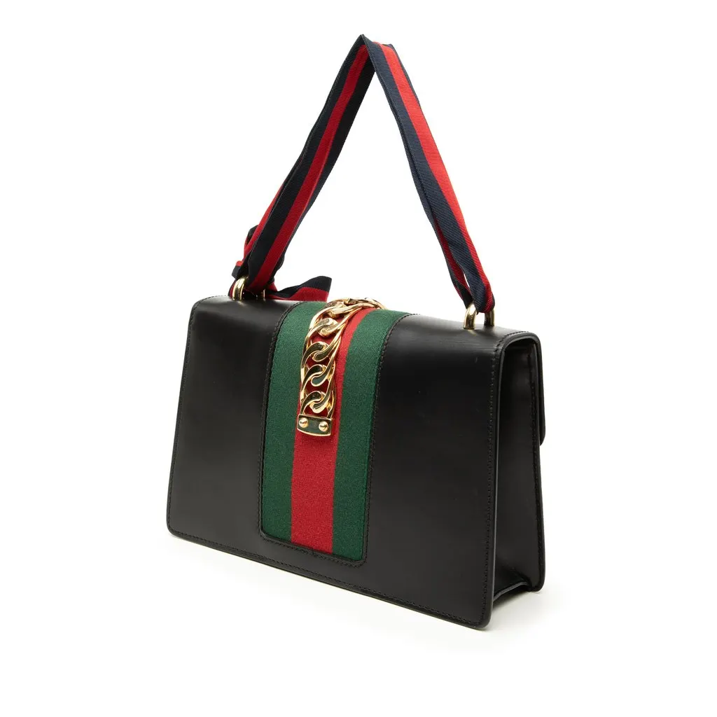 Gucci Small Calfskin Web Sylvie Satchel Black Leather Very good - Back View