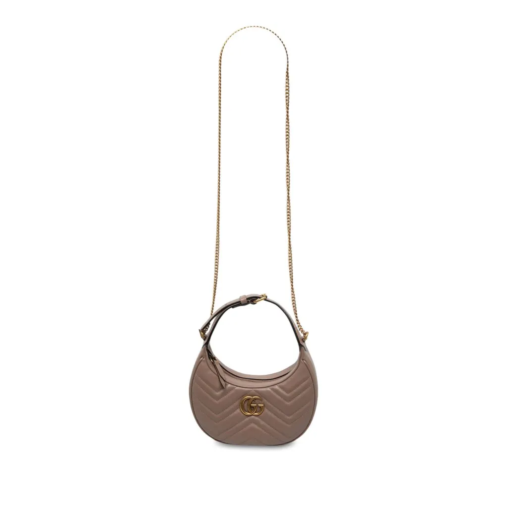 Gucci Mini GG Marmont Matelasse Calfskin Half Moon Bag Brown Leather Very good - Front View