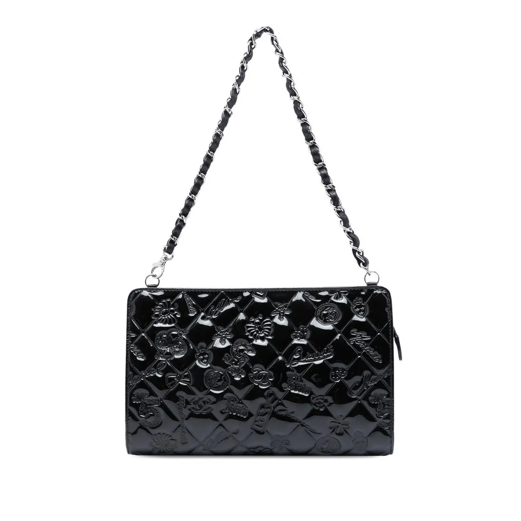 Chanel Quilted Patent Embossed Lucky Symbols Pochette Black Leather Very good - Front View