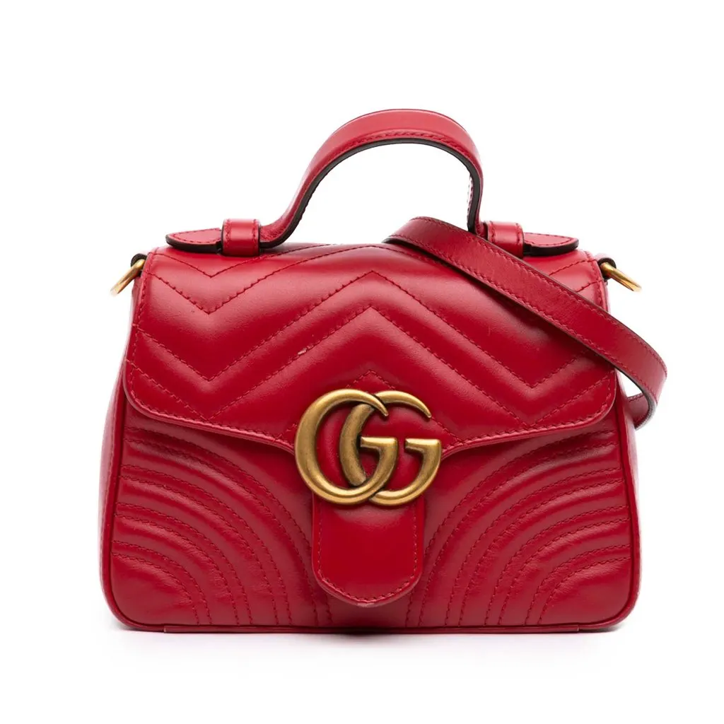 Gucci Mini GG Marmont Matelasse Leather Top Handle Bag Red Leather Very good - Front View