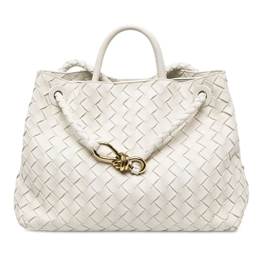 Bottega Veneta Medium Lambskin Intrecciato Andiamo Bag White Leather Very good - Front View