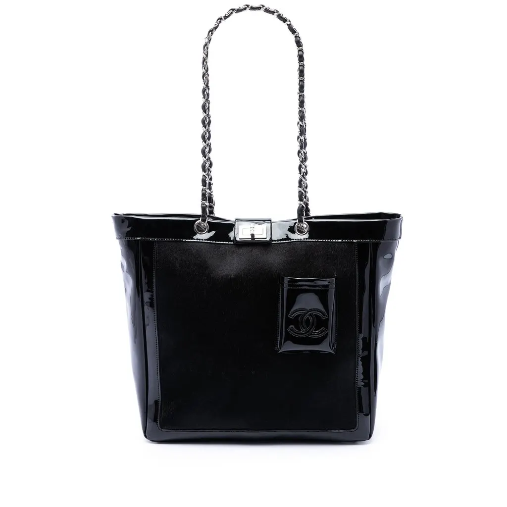 Chanel Pony Hair and Patent Mademoiselle Turnlock Tote Black Leather Very good - Front View