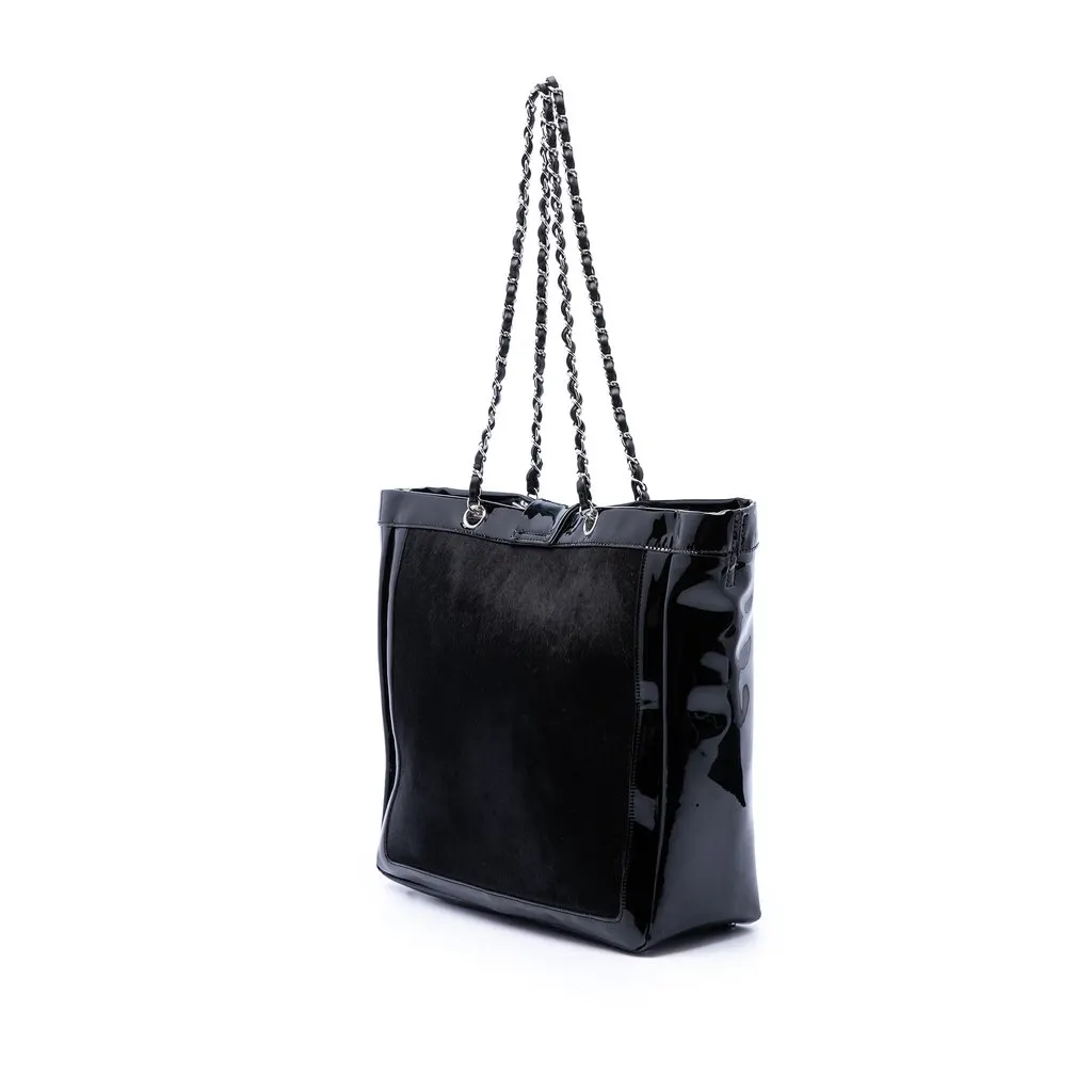 Chanel Pony Hair and Patent Mademoiselle Turnlock Tote Black Leather Very good - Back View