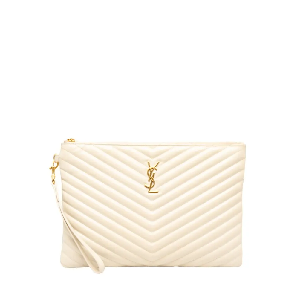 Saint Laurent Chevron Calfskin Monogram Tablet Pouch White Leather Very good - Front View