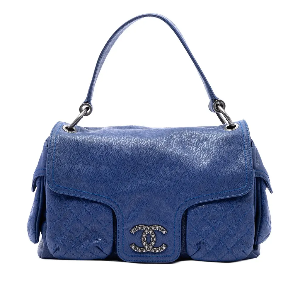 Chanel Glazed Caviar Coco Rider Multi Pocket Rider Flap Blue Leather Very good - Front View