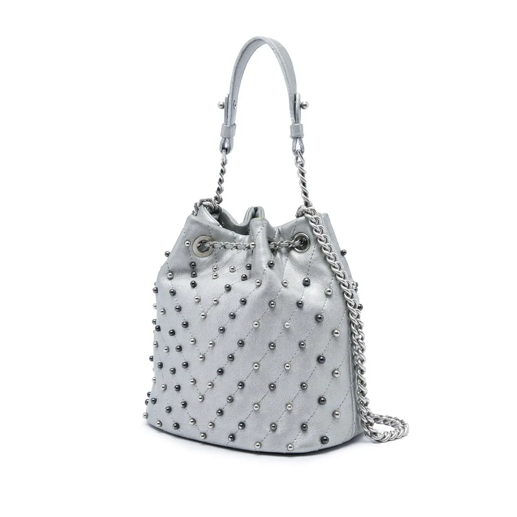 Chanel Small Metallic Chevron Lambskin Stud Wars Drawstring Bucket Bag Silver Leather Very good - Back View