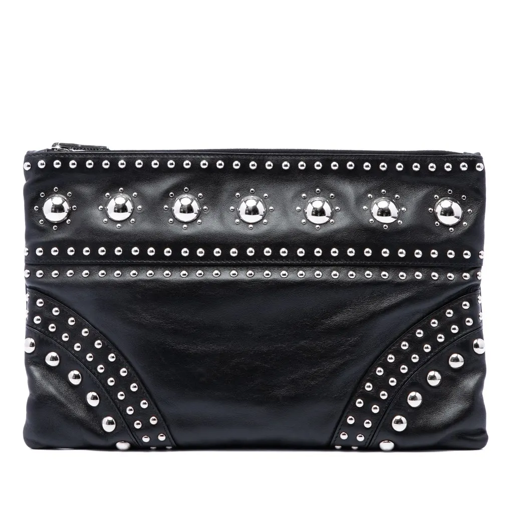 Prada Studded Calfskin Clutch Black Leather Very good - Front View