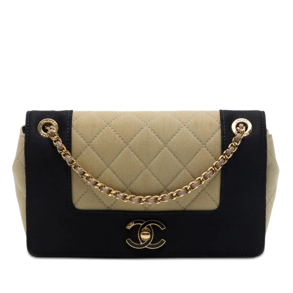 Chanel Small Quilted Bicolor Grosgrain Mademoiselle Single Flap Beige Very good - Front View
